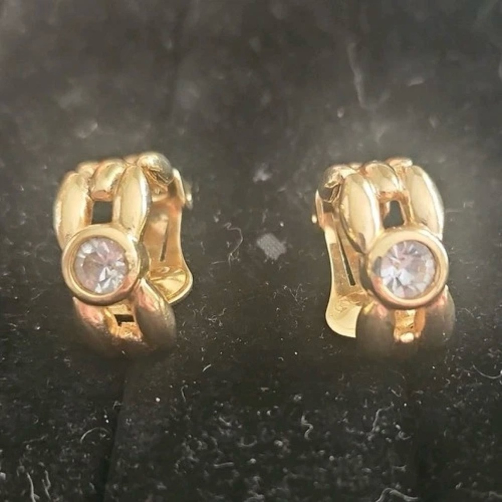Vintage Christian Dior Chain Knot Rope Rhinestone Huggie Hoop Gold Clip Earrings